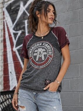 American Fighter Premium Athletics Graphic Raglan Tee Gray Burgundy Size Medium